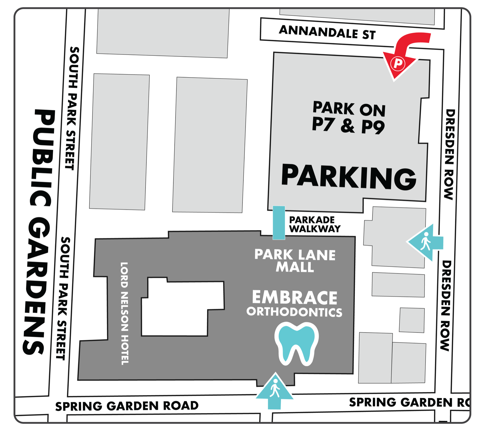Map of the block around Embrace Orthodontics: the Park Lane Parkade on Annandale Street, the parkade walkway into Park Lane Mall, and walk-in entrances on Spring Garden Road and Dresden Row